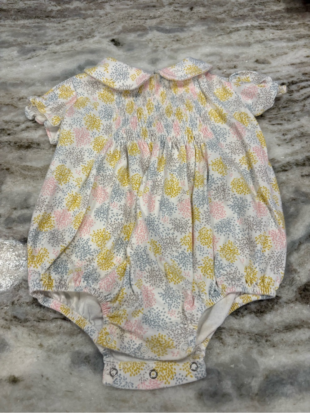Smocked Floral Collared Baby One-Piece in Yellow, Pink & Blue